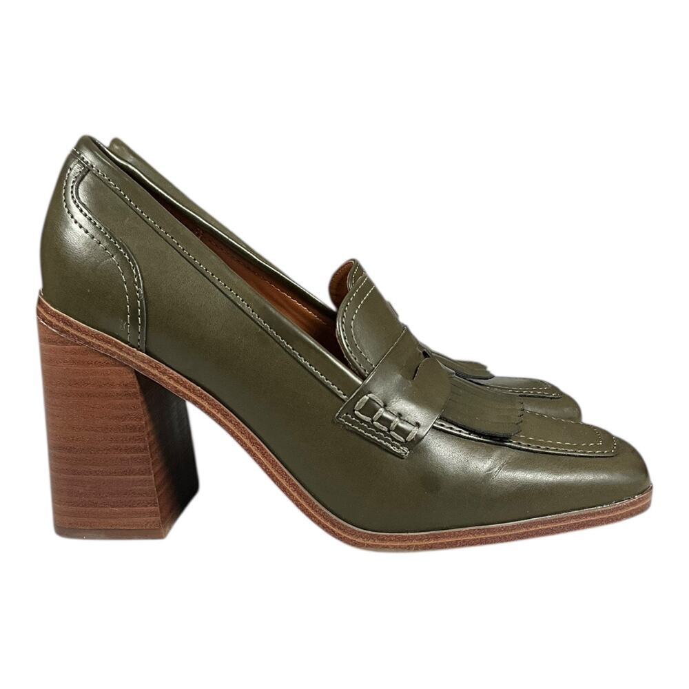 Marc Fisher Olive Green Chunky Heel Loafer Pumps Size 7.5 Fringe Preppy Block - Picture 7 of 12